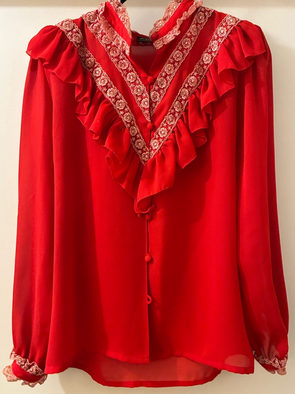 Vintage Jorda Red Ruffled V-Neck Blouse with Cream/Pink Lace Trim